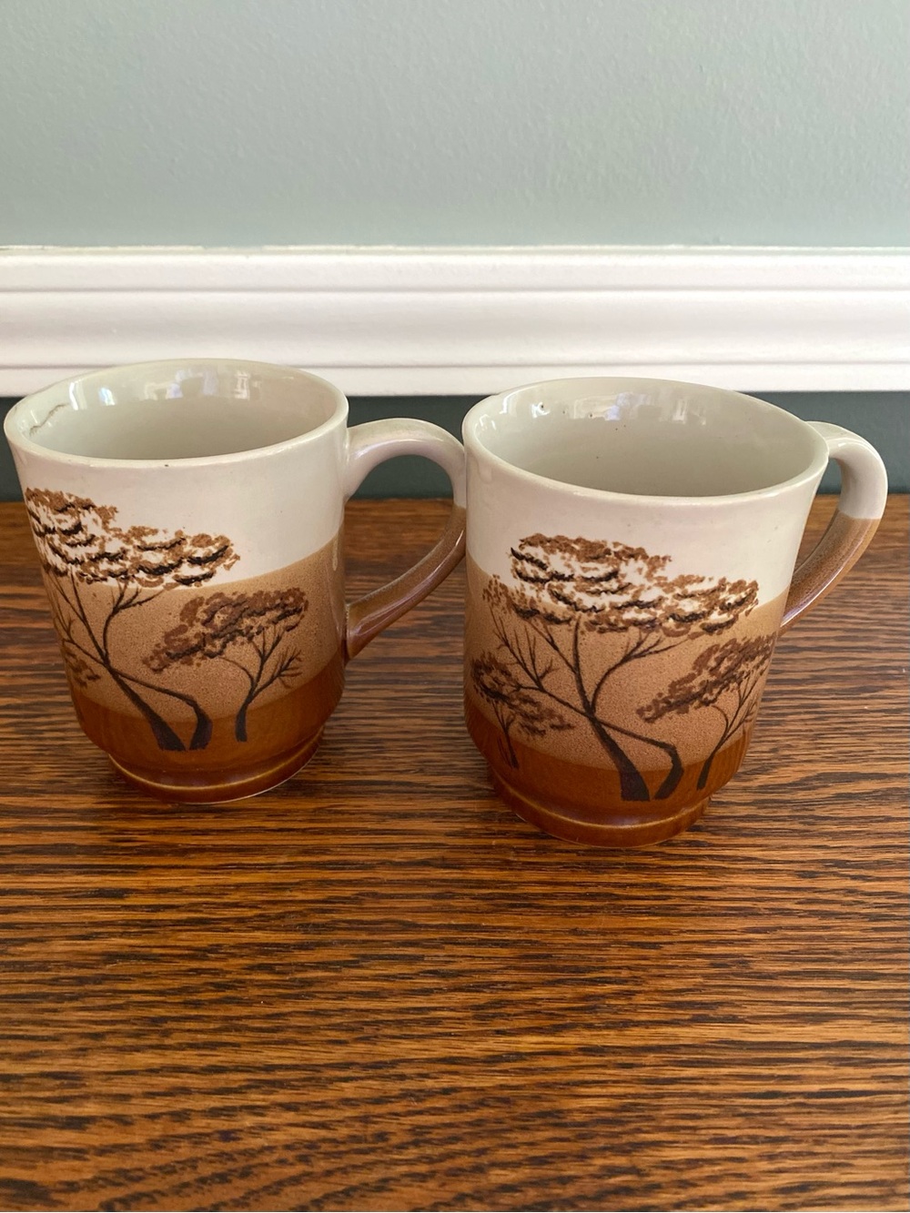 Vintage Mid Century Pair of Coffee Mugs Brown Tan Trees 1970s Boho